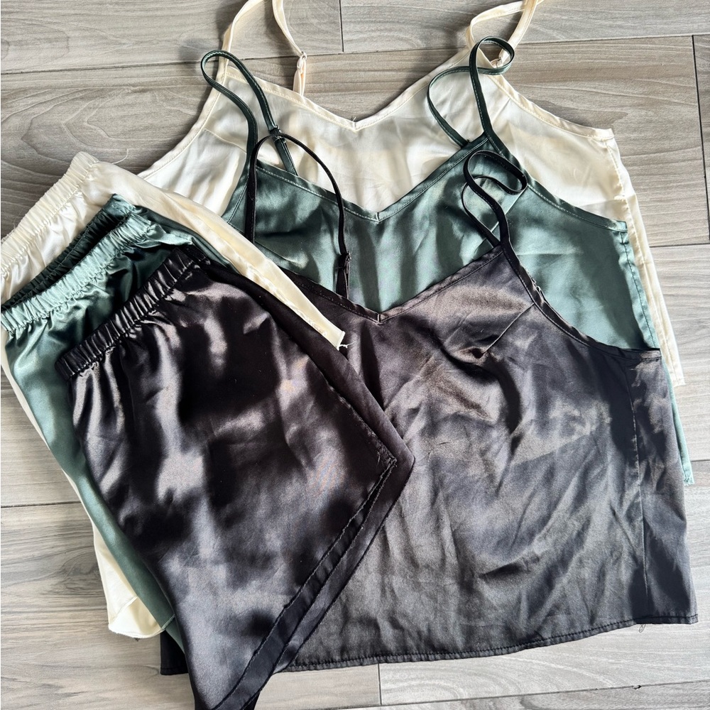 Silk Camisole and Shorts Set in Black, Green, and Cream